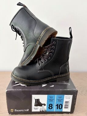 Leather Boots, Prospector, Black, Leather, Combat Boots, Water Resistant,‎ NEW